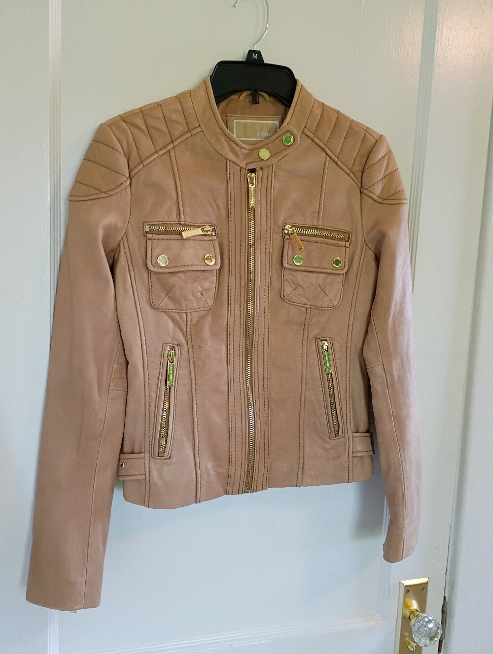 Michael Kors Women's Small Buttery Leather Zip Front Beige Motto Jacket 4 Pocket